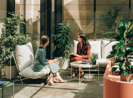 Business leaders in conversation, representing a sustainability recruitment business in the North.